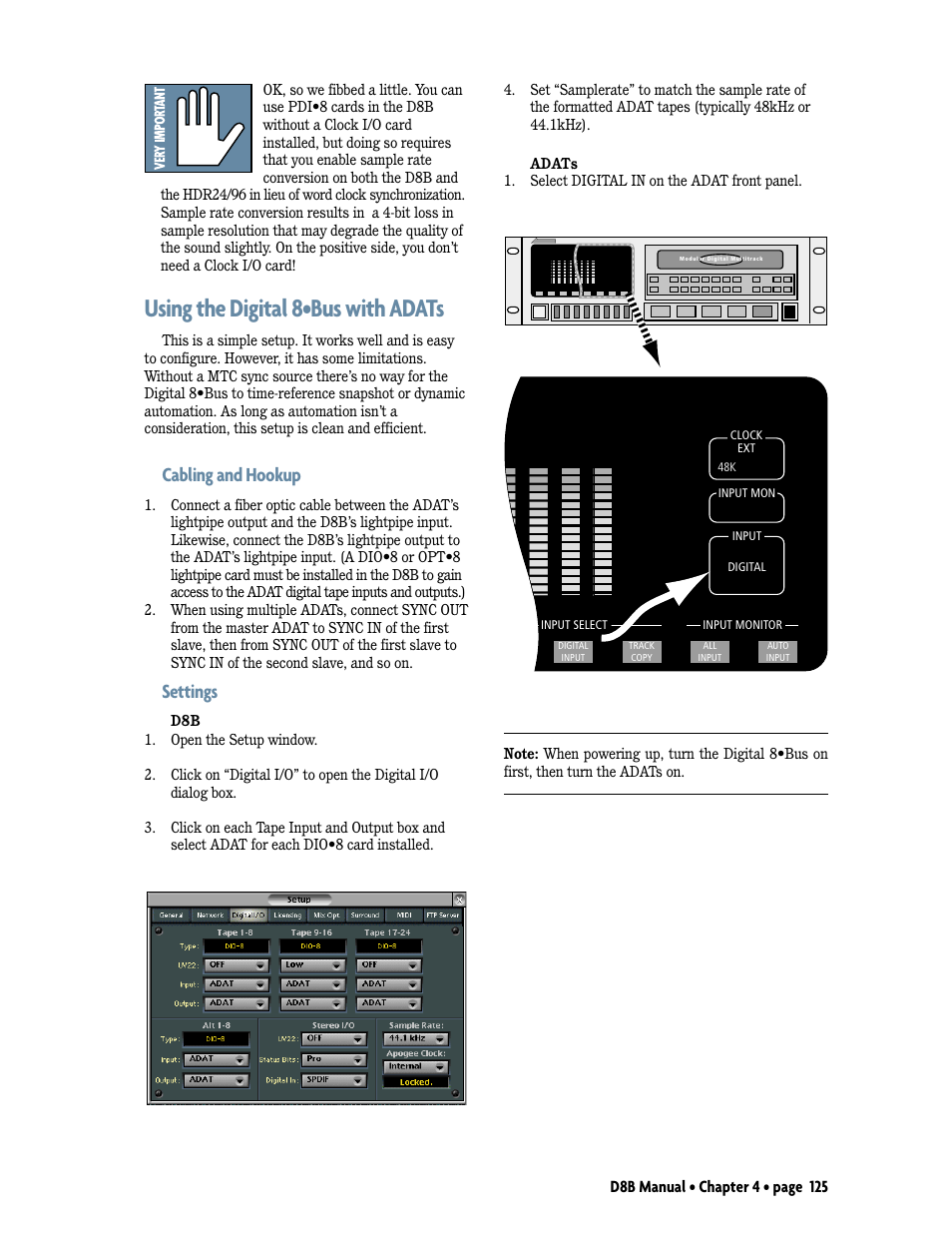 Using the digital 8•bus with adats, Cabling and hookup, Settings | MACKIE Digital 8Bus D8B v5.1 User Manual | Page 131 / 198