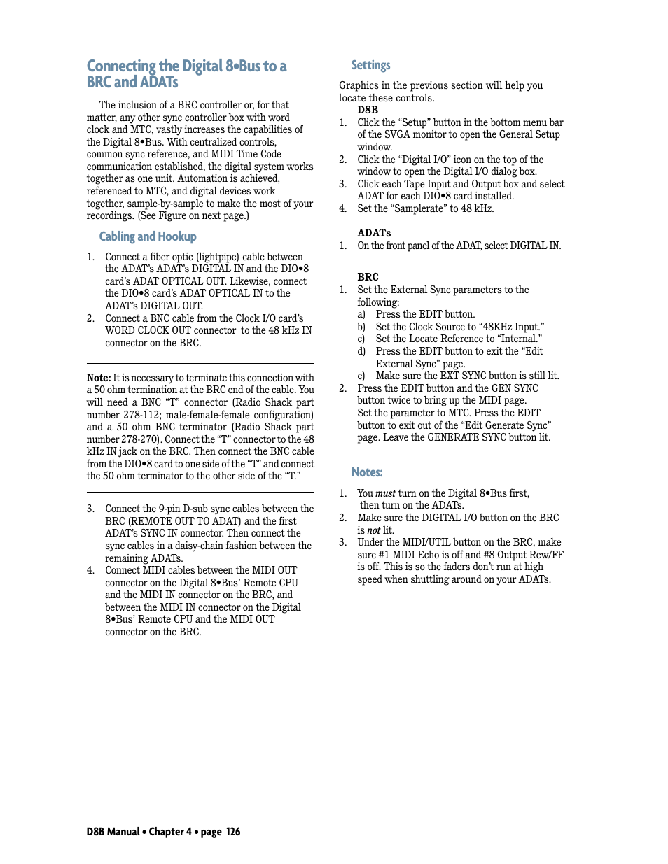 Connecting the digital 8•bus to a brc and adats, Cabling and hookup, Settings | MACKIE Digital 8Bus D8B v5.1 User Manual | Page 132 / 198