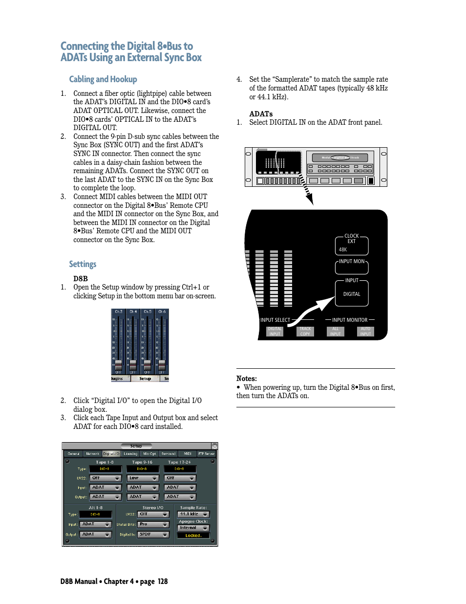 Cabling and hookup, Settings | MACKIE Digital 8Bus D8B v5.1 User Manual | Page 134 / 198