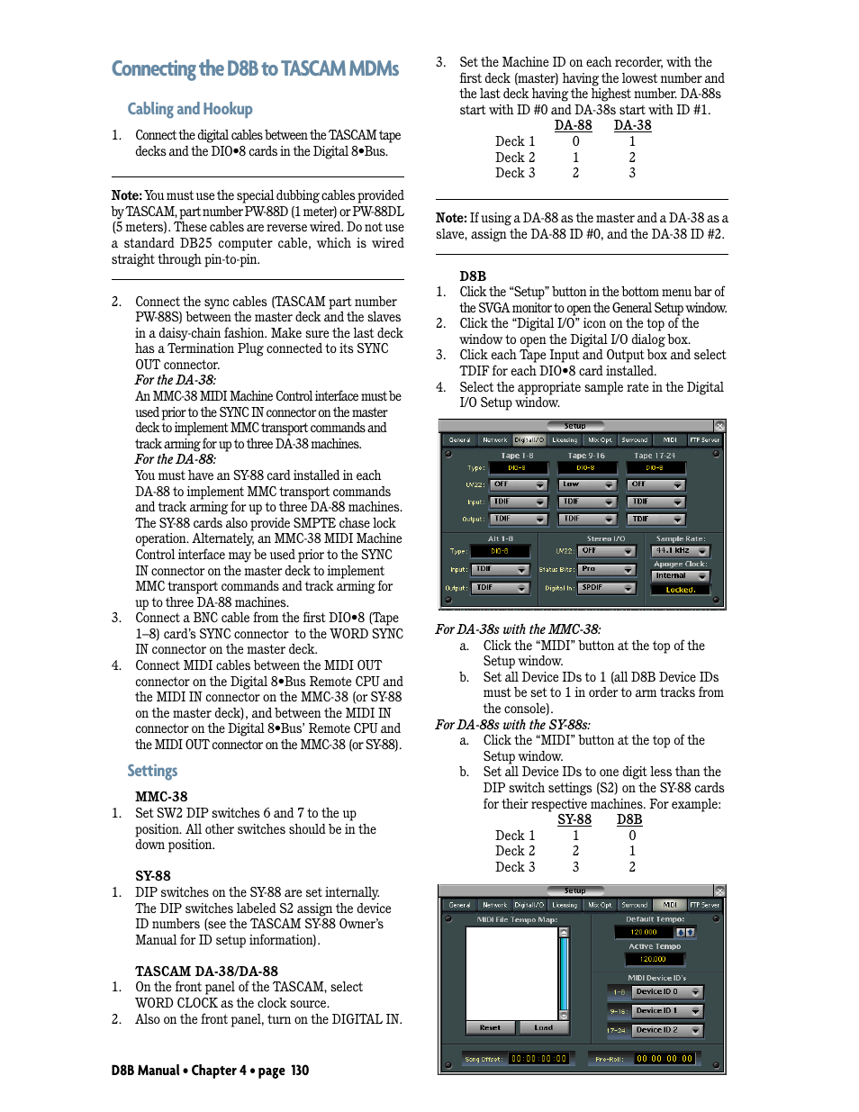 Connecting the d8b to tascam mdms, Cabling and hookup, Settings | MACKIE Digital 8Bus D8B v5.1 User Manual | Page 136 / 198