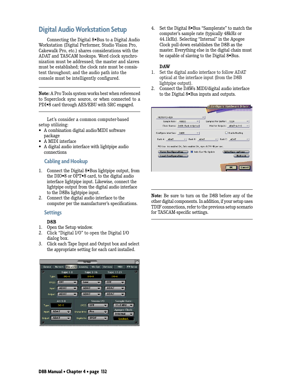 Digital audio workstation setup, Cabling and hookup, Settings | MACKIE Digital 8Bus D8B v5.1 User Manual | Page 138 / 198