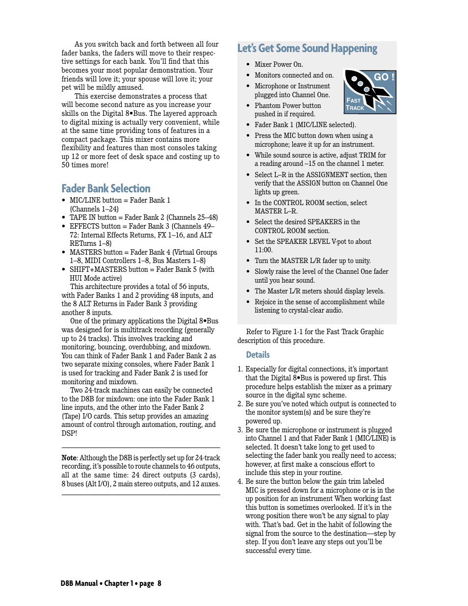 Fader bank selection, Let's get some sound happening, Let’s get some sound happening | Details | MACKIE Digital 8Bus D8B v5.1 User Manual | Page 14 / 198