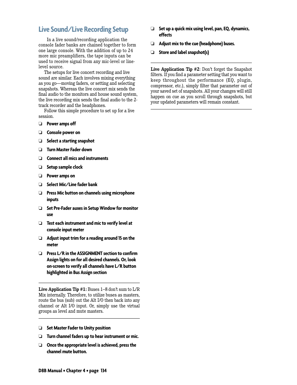 Live sound/live recording setup | MACKIE Digital 8Bus D8B v5.1 User Manual | Page 140 / 198