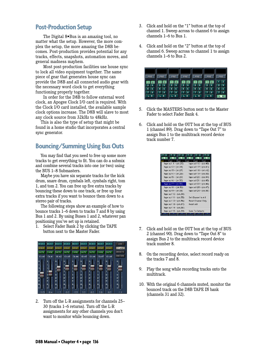 Post-production setup, Bouncing/summing using bus outs | MACKIE Digital 8Bus D8B v5.1 User Manual | Page 142 / 198