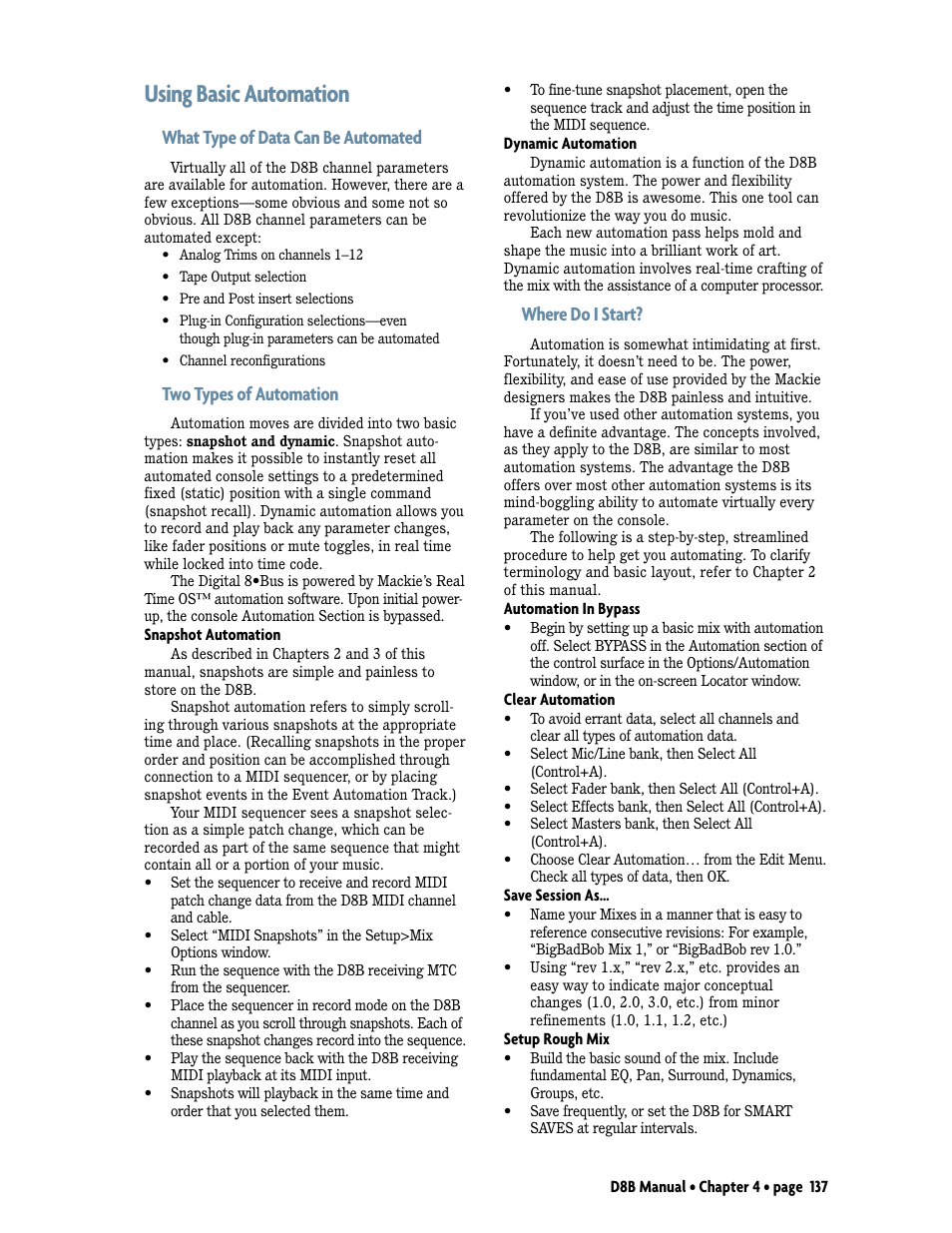 Using basic automation, What type of data can be automated, Two types of automation | Where do i start | MACKIE Digital 8Bus D8B v5.1 User Manual | Page 143 / 198