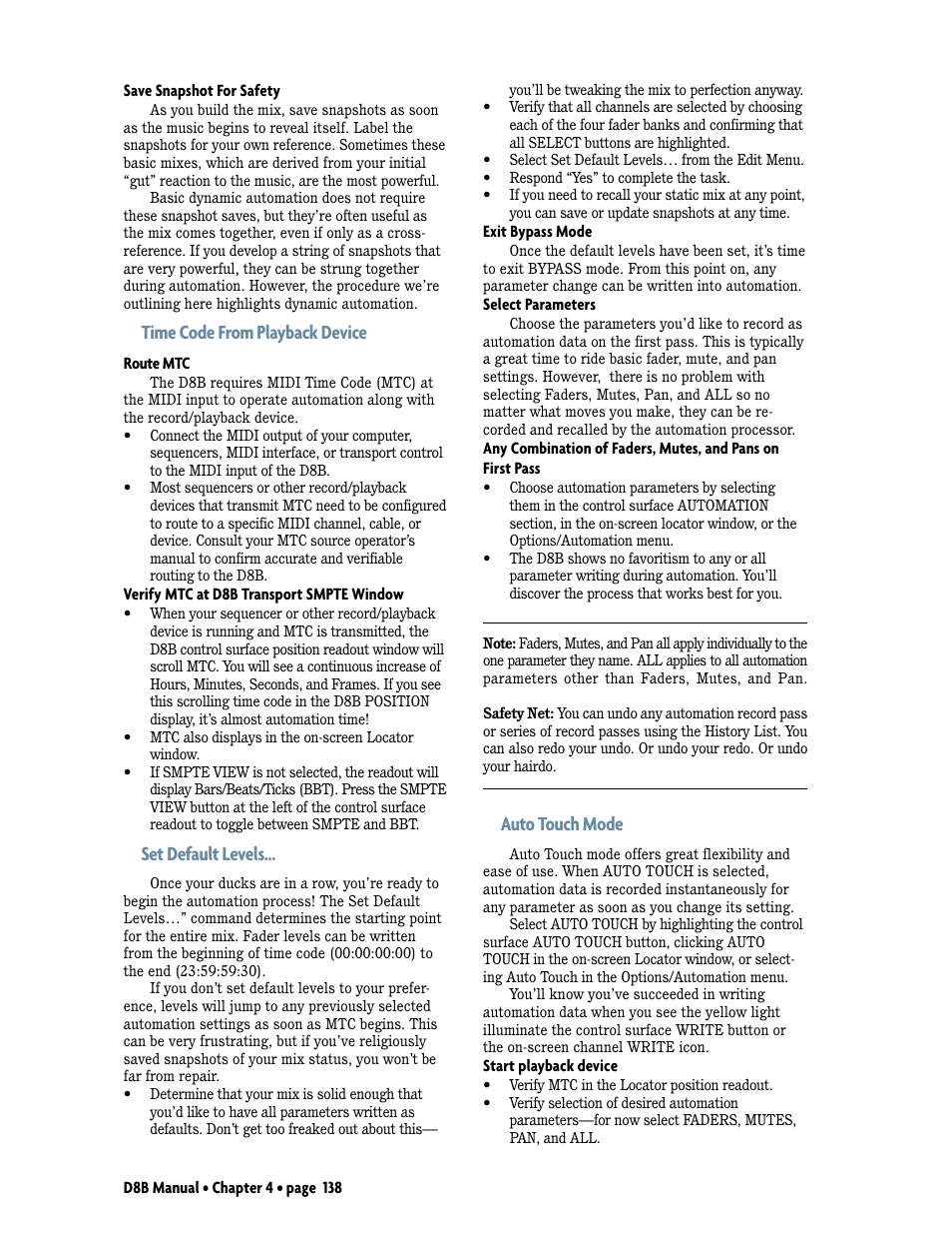 Time code from playback device, Set default levels, Auto touch mode | MACKIE Digital 8Bus D8B v5.1 User Manual | Page 144 / 198