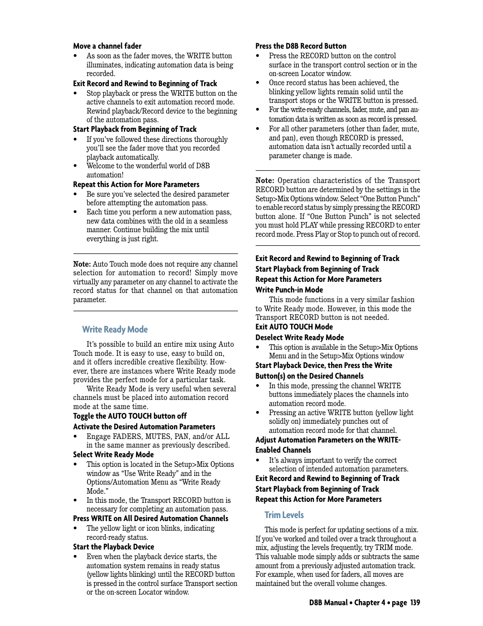 Write ready mode, Trim levels | MACKIE Digital 8Bus D8B v5.1 User Manual | Page 145 / 198