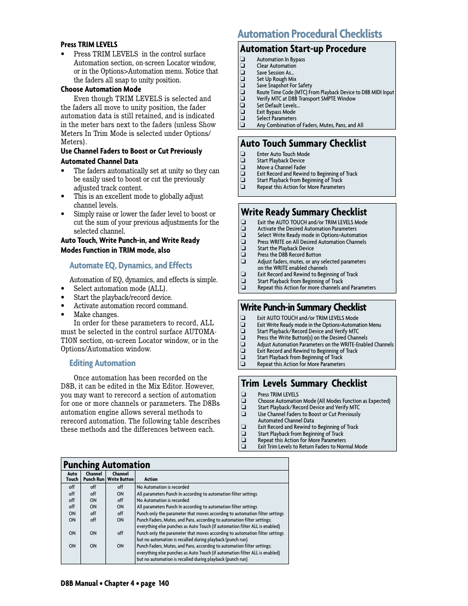 Automation procedural checklists, Write punch-in summary checklist, Trim levels summary checklist | Write ready summary checklist, Automation start-up procedure, Auto touch summary checklist, Punching automation, Automate eq, dynamics, and effects, Editing automation, Press trim levels | MACKIE Digital 8Bus D8B v5.1 User Manual | Page 146 / 198