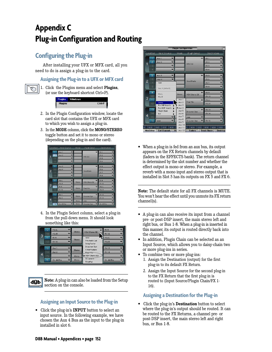 Appendix c: plug-in configuration and routing, Appendix c plug-in configuration and routing, Configuring the plug-in | Assigning the plug-in to a ufx or mfx card, Assigning an input source to the plug-in, Assigning a destination for the plug-in | MACKIE Digital 8Bus D8B v5.1 User Manual | Page 158 / 198