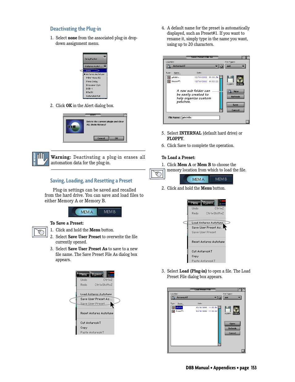 Deactivating the plug-in, Saving, loading, and resetting a preset | MACKIE Digital 8Bus D8B v5.1 User Manual | Page 159 / 198