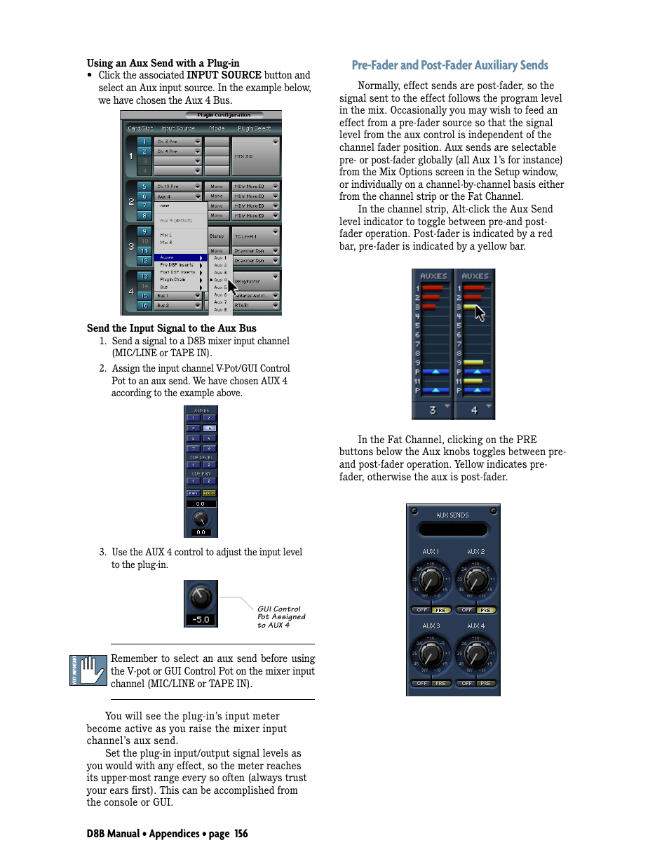 Pre-fader and post-fader auxiliary sends | MACKIE Digital 8Bus D8B v5.1 User Manual | Page 162 / 198