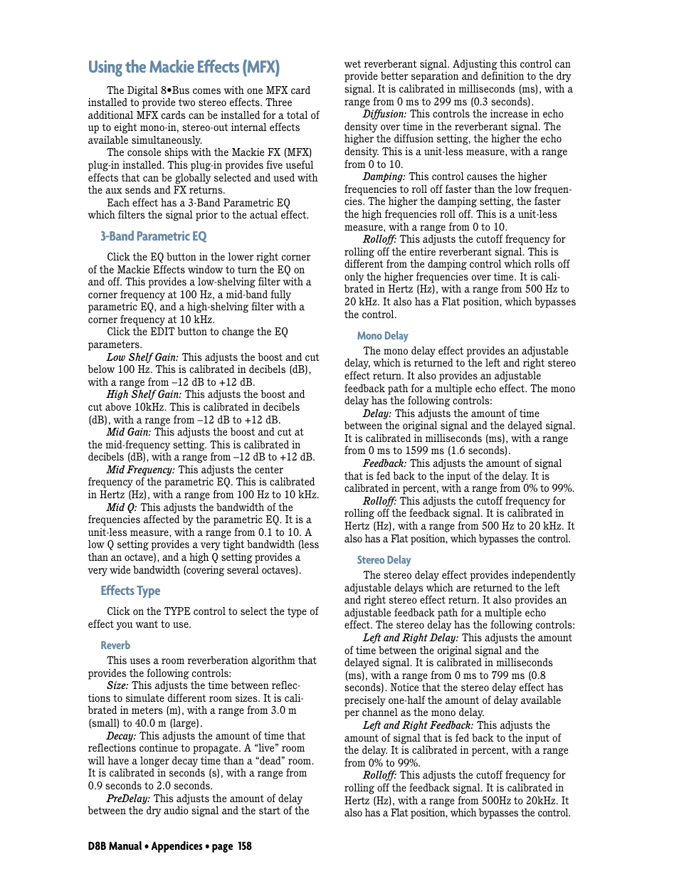 Using the mackie effects (mfx), Band parametric eq, Effects type | MACKIE Digital 8Bus D8B v5.1 User Manual | Page 164 / 198