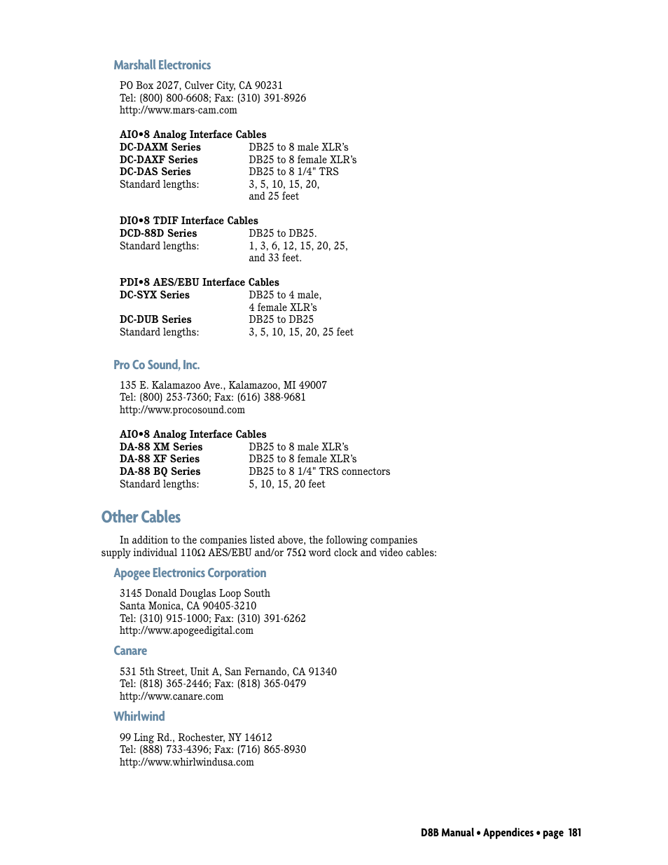 Other cables, Marshall electronics, Pro co sound, inc | Apogee electronics corporation, Canare, Whirlwind | MACKIE Digital 8Bus D8B v5.1 User Manual | Page 187 / 198