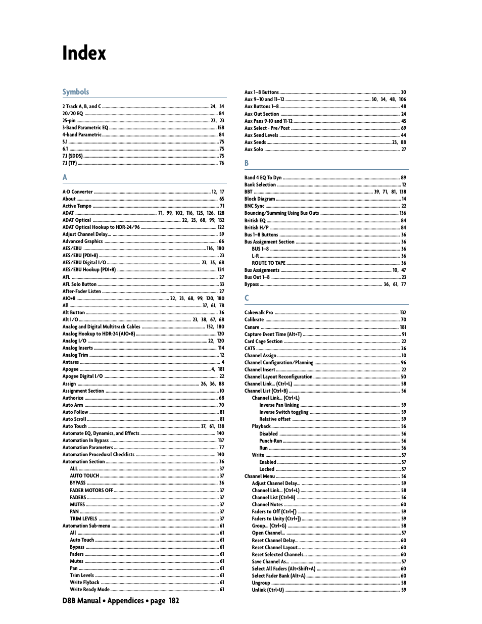 Index | MACKIE Digital 8Bus D8B v5.1 User Manual | Page 188 / 198