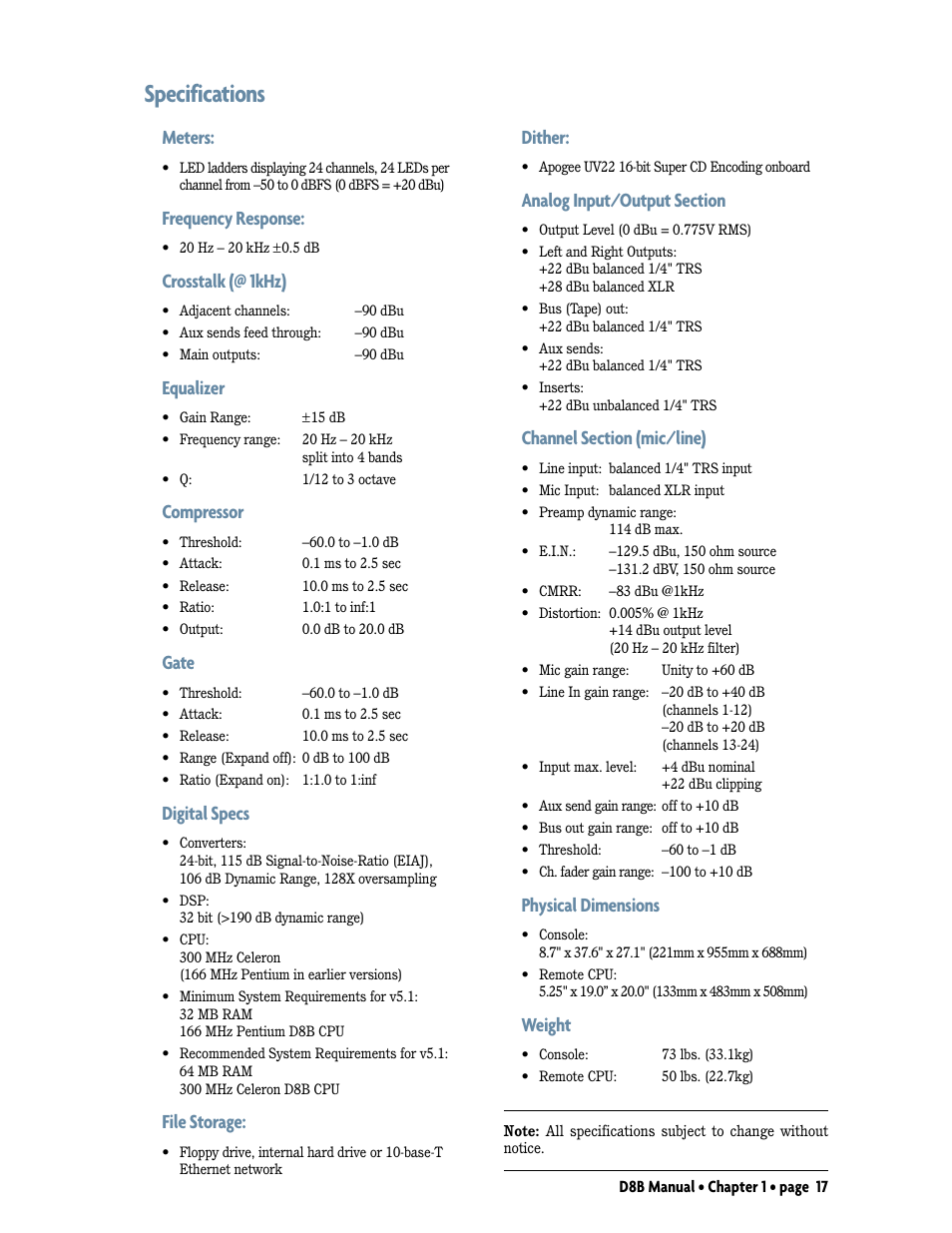 Specifications, Meters, Frequency response | Crosstalk (@ 1khz), Equalizer, Compressor, Gate, Digital specs, File storage, Dither | MACKIE Digital 8Bus D8B v5.1 User Manual | Page 23 / 198