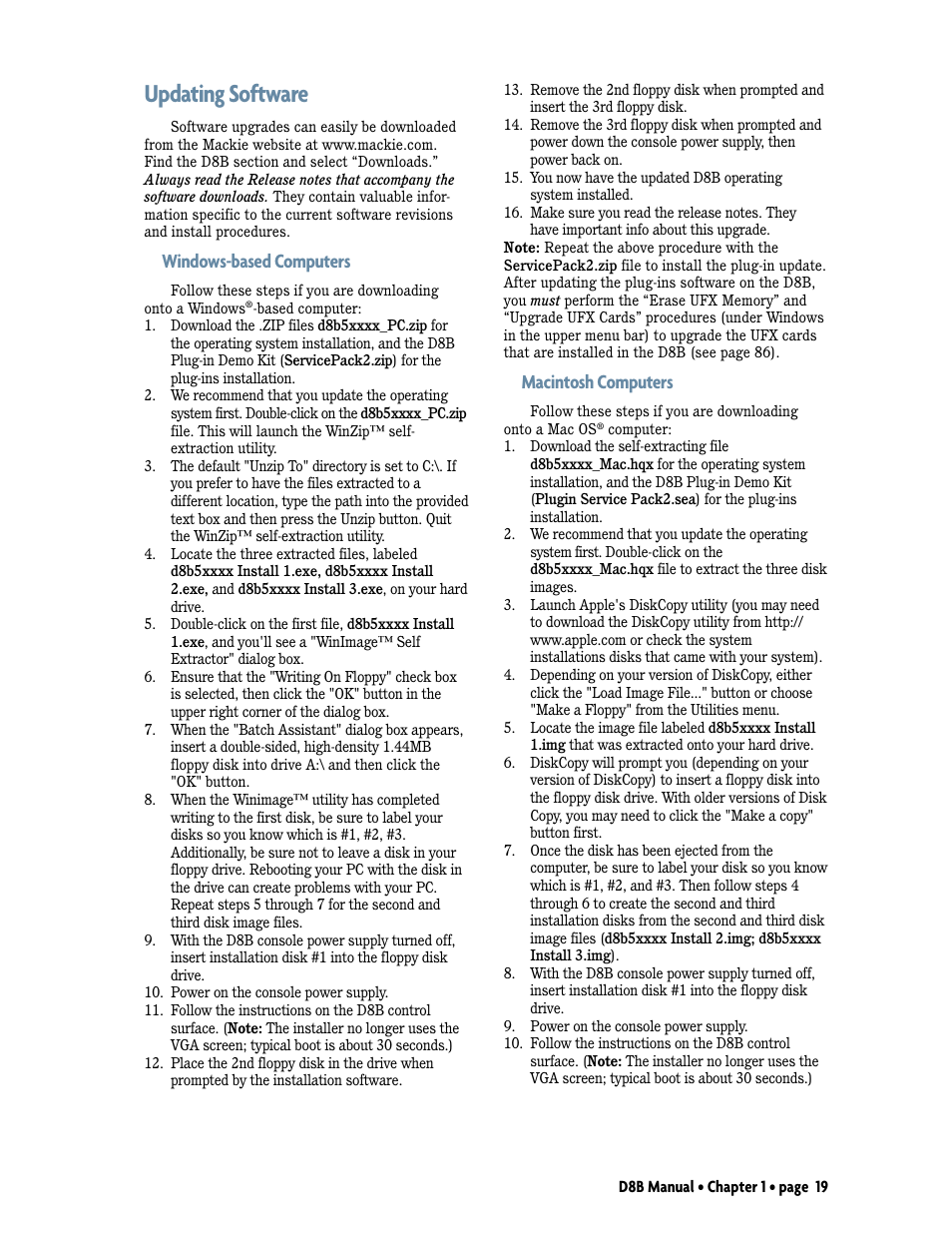 Updating software, Windows-based computers macintosh computers, Macintosh computers | Windows-based computers | MACKIE Digital 8Bus D8B v5.1 User Manual | Page 25 / 198