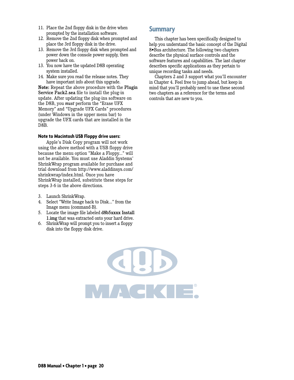 Summary | MACKIE Digital 8Bus D8B v5.1 User Manual | Page 26 / 198