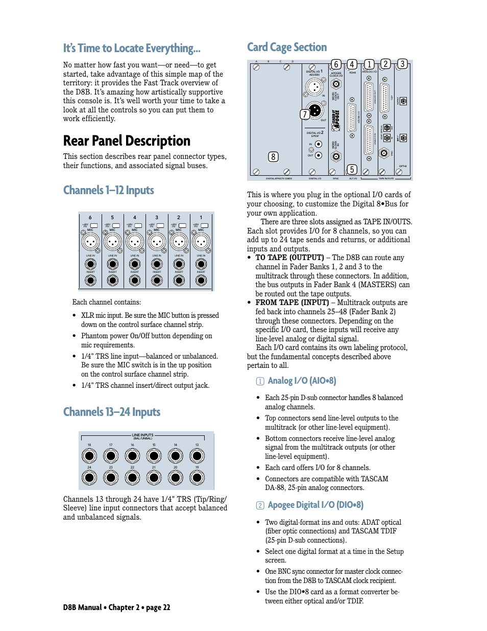 It's time to locate everything, Rear panel description, Channels 1-12 inputs | Channels 13-24 inputs, Card cage section, It’s time to locate everything, Channels 1–12 inputs, Channels 13–24 inputs, 1analog i/o (aio•8), 2apogee digital i/o (dio•8) | MACKIE Digital 8Bus D8B v5.1 User Manual | Page 28 / 198