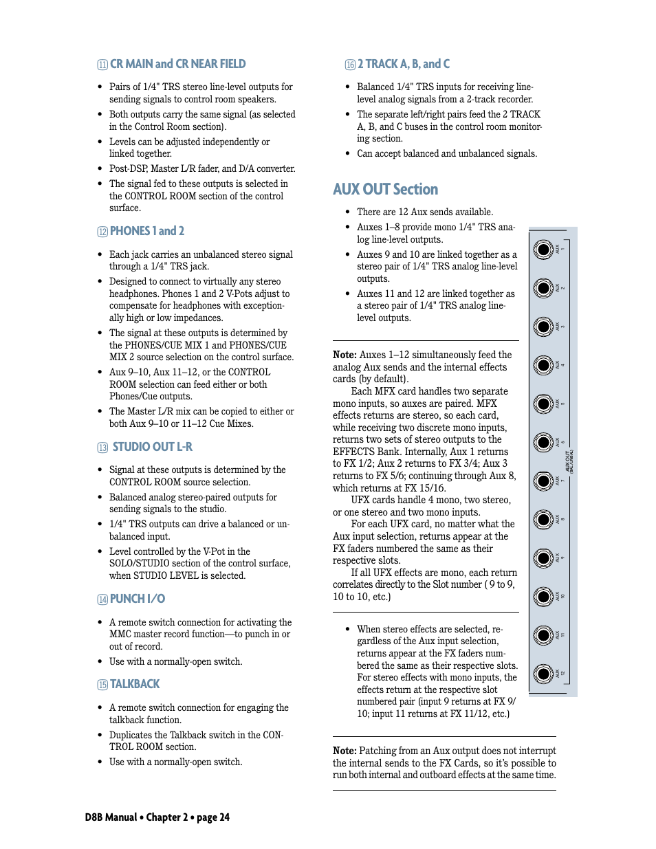 Aux out section, Bm cr main and cr near field, Bn phones 1 and 2 | Bo studio out l-r, Bp punch i/o, Bq talkback, Br 2 track a, b, and c, D8b manual • chapter 2 • page 24 | MACKIE Digital 8Bus D8B v5.1 User Manual | Page 30 / 198