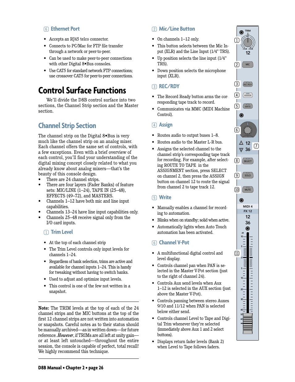 Control surface functions, Channel strip section, 6ethernet port | 1trim level, 2mic/line button, 3rec/rdy, 4assign, 5write, 6channel v-pot | MACKIE Digital 8Bus D8B v5.1 User Manual | Page 32 / 198