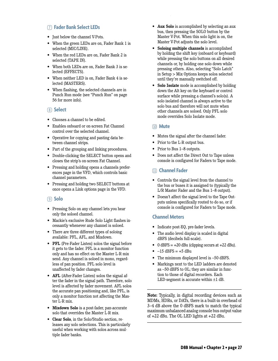 7fader bank select leds, 8select, 9solo | Bl mute, Bm channel fader, Channel meters | MACKIE Digital 8Bus D8B v5.1 User Manual | Page 33 / 198