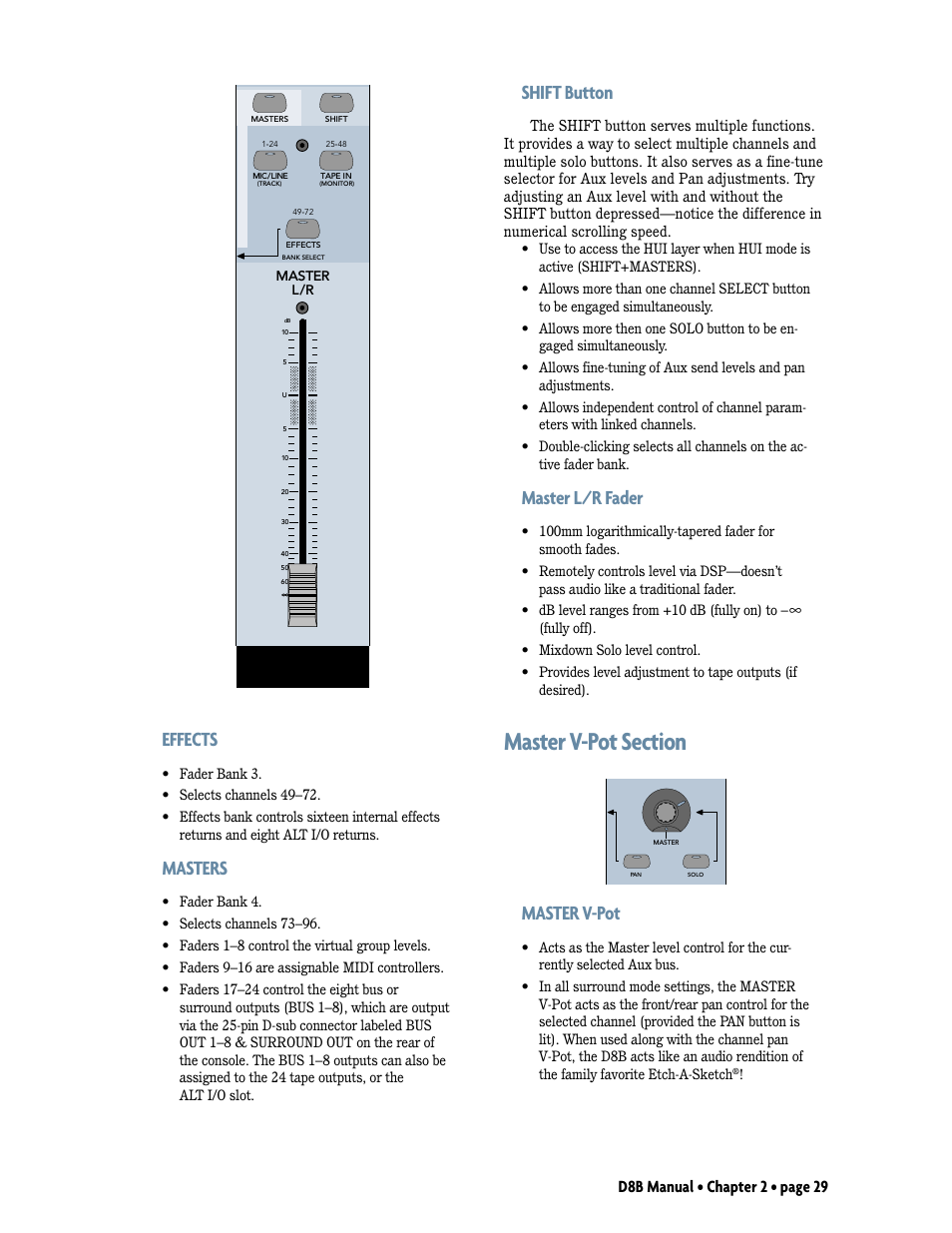 Master v-pot section, Shift button, Master l/r fader | Master v-pot, Effects, Masters, D8b manual • chapter 2 • page 29 | MACKIE Digital 8Bus D8B v5.1 User Manual | Page 35 / 198