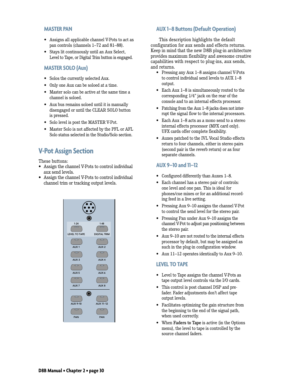 V-pot assign section, Master pan, Master solo (aux) | Aux 1–8 buttons (default operation), Level to tape, D8b manual • chapter 2 • page 30 | MACKIE Digital 8Bus D8B v5.1 User Manual | Page 36 / 198