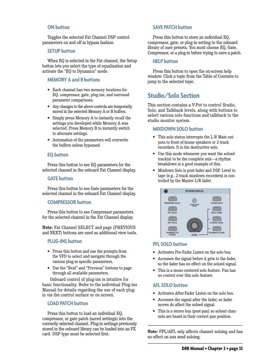 Studio/solo section, On button, Setup button | Eq button, Gate button, Compressor button, Plug-ins button, Load patch button, Save patch button, Help button | MACKIE Digital 8Bus D8B v5.1 User Manual | Page 39 / 198