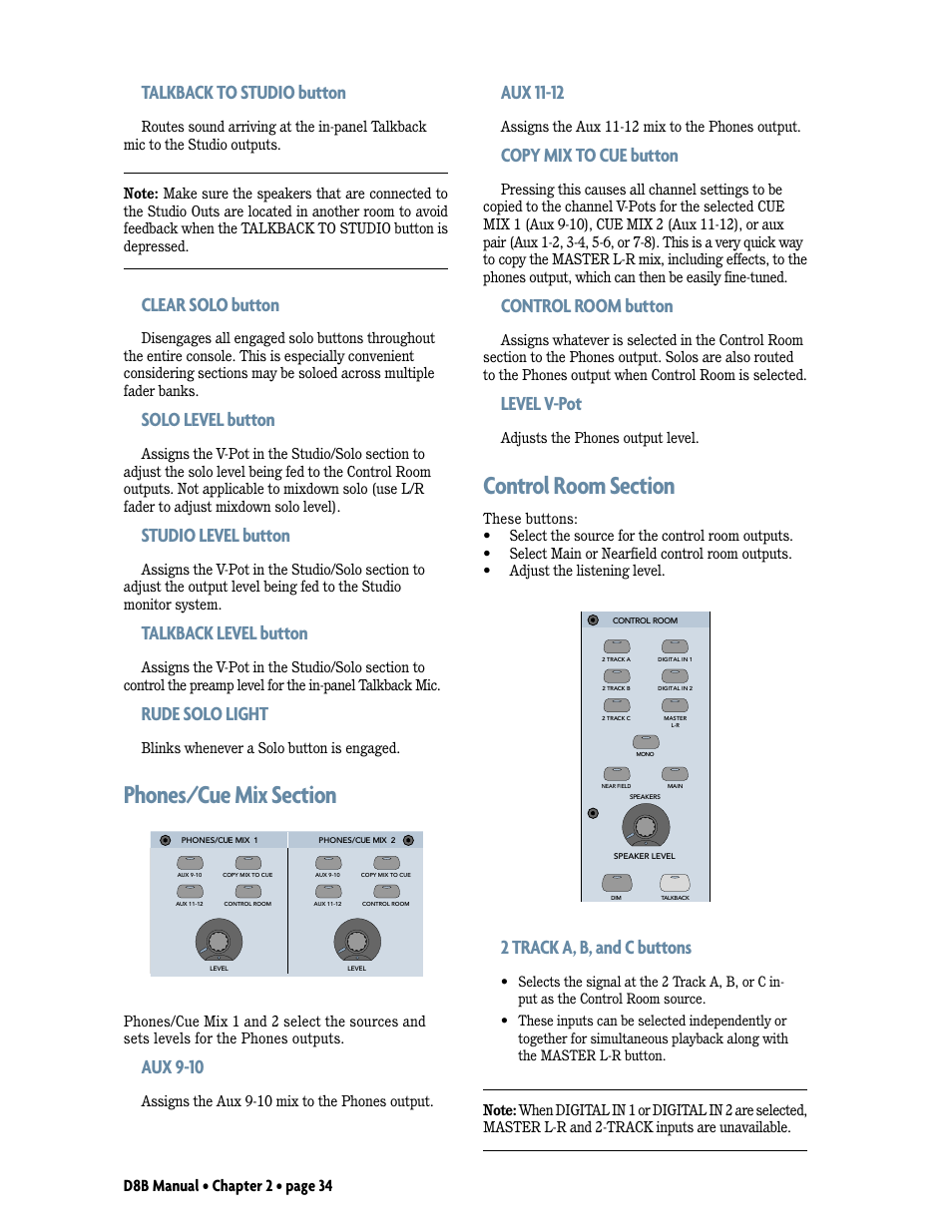 Phones/cue mix section, Control room section, Talkback to studio button | Clear solo button, Solo level button, Studio level button, Talkback level button, Rude solo light, Aux 9-10, Aux 11-12 | MACKIE Digital 8Bus D8B v5.1 User Manual | Page 40 / 198