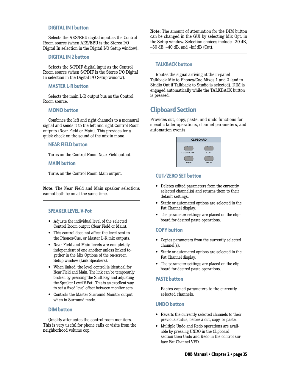 Clipboard section, Digital in 1 button, Digital in 2 button | Master l-r button, Mono button, Near field button, Main button, Speaker level v-pot, Dim button, Talkback button | MACKIE Digital 8Bus D8B v5.1 User Manual | Page 41 / 198