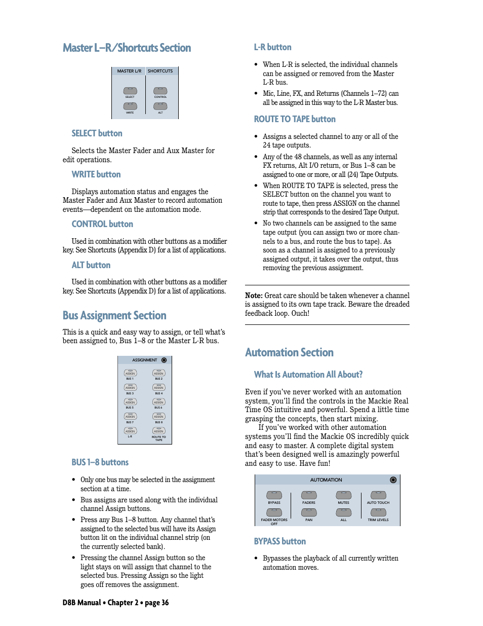 Master l-r/shortcuts section, Bus assignment section, Automation section | Select button, Write button, Control button, Alt button, Bus 1–8 buttons, L-r button, Route to tape button | MACKIE Digital 8Bus D8B v5.1 User Manual | Page 42 / 198