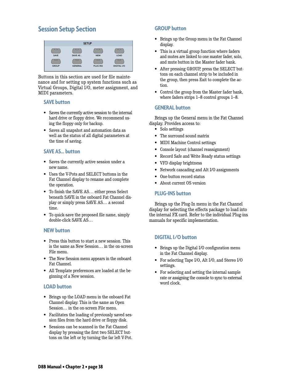 Session setup section, Save button, Save as… button | New button, Load button, Group button, General button, Plug-ins button, Digital i/o button | MACKIE Digital 8Bus D8B v5.1 User Manual | Page 44 / 198