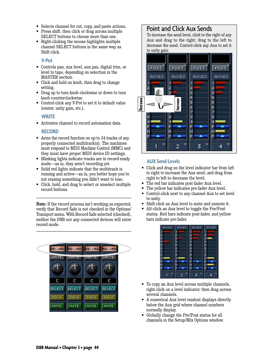 Point and click aux sends, V-pot, Write | Record, Aux send levels | MACKIE Digital 8Bus D8B v5.1 User Manual | Page 50 / 198