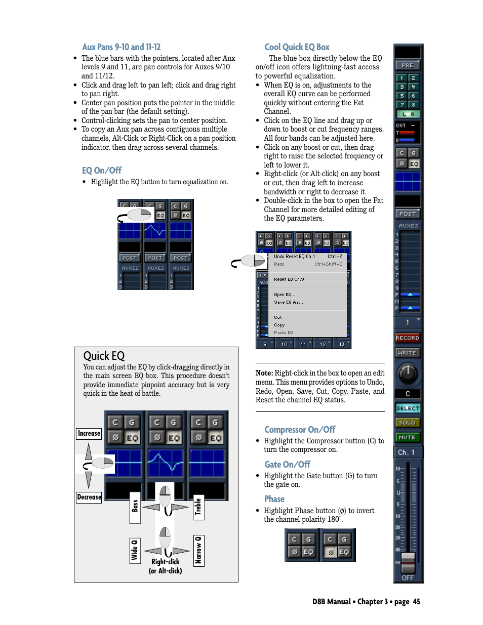 Quick eq, Eq on/off, Cool quick eq box | Compressor on/off, Gate on/off, Phase | MACKIE Digital 8Bus D8B v5.1 User Manual | Page 51 / 198