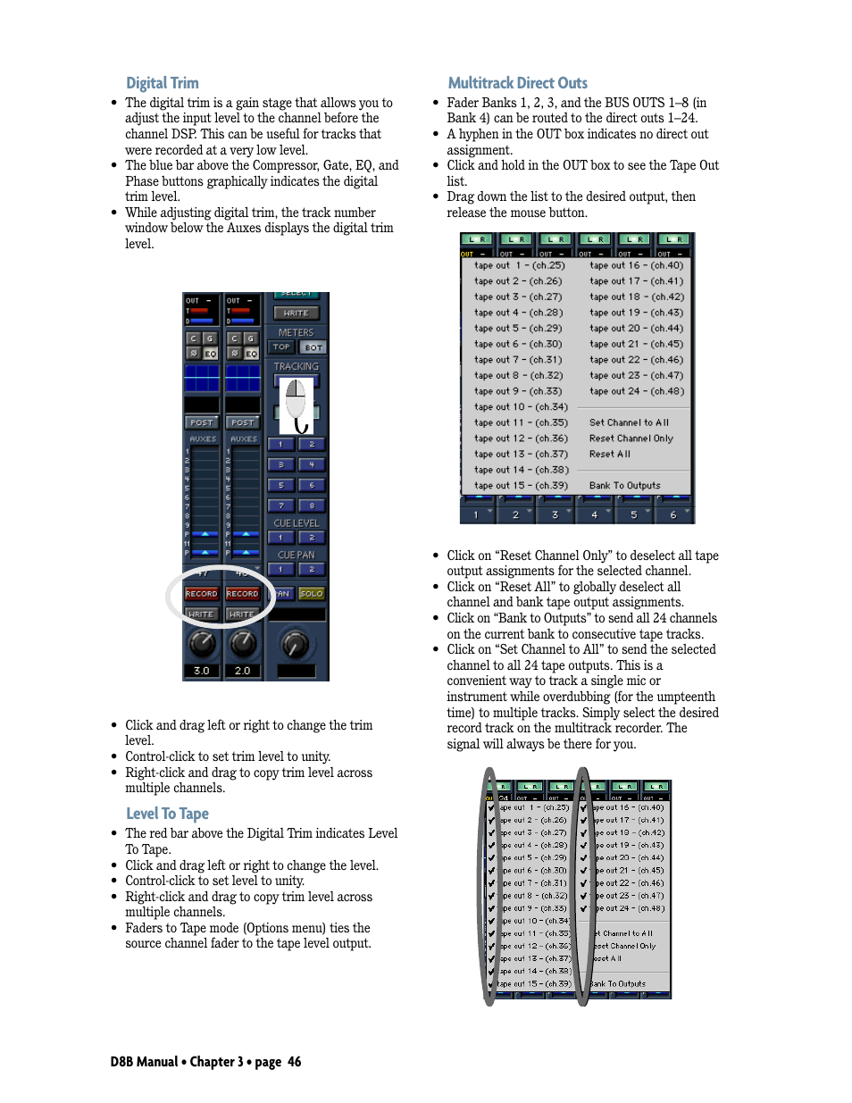 Digital trim, Level to tape, Multitrack direct outs | MACKIE Digital 8Bus D8B v5.1 User Manual | Page 52 / 198