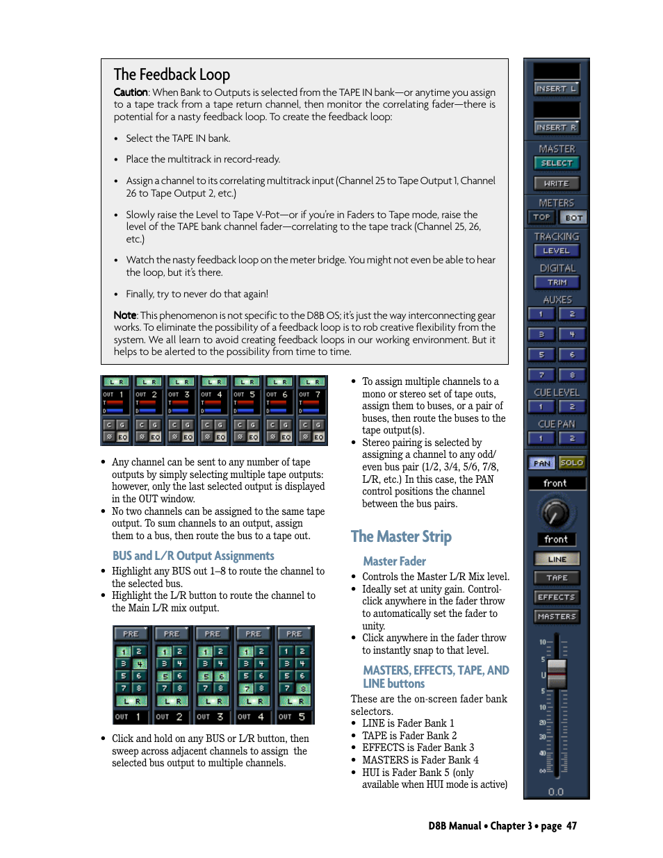 The master strip, The feedback loop, Bus and l/r output assignments | Master fader, Masters, effects, tape, and line buttons | MACKIE Digital 8Bus D8B v5.1 User Manual | Page 53 / 198