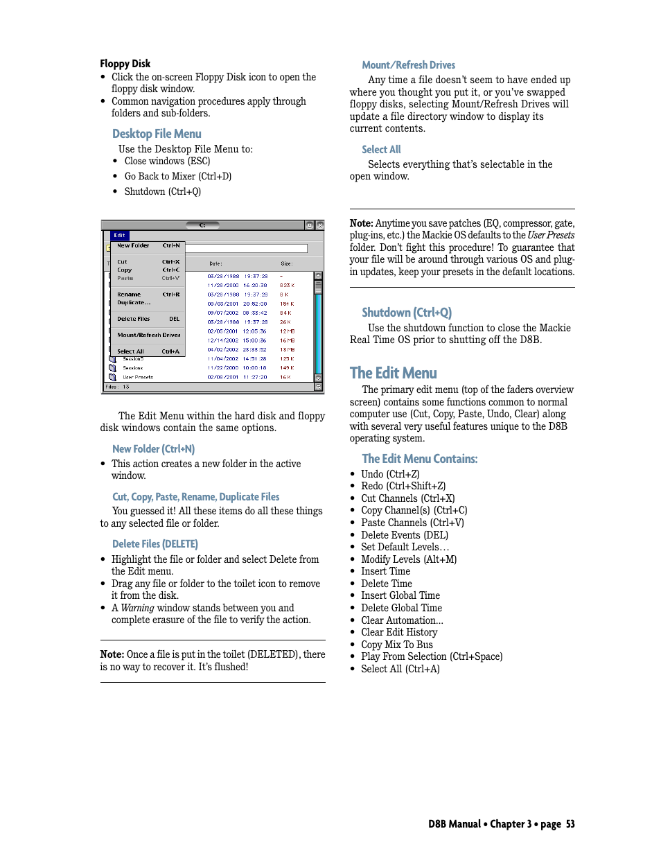 The edit menu, Desktop file menu, Shutdown (ctrl+q) | The edit menu contains | MACKIE Digital 8Bus D8B v5.1 User Manual | Page 59 / 198