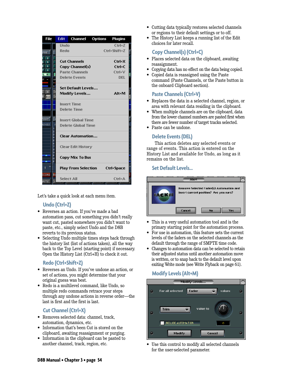 Undo (ctrl+z), Redo (ctrl+shift+z), Cut channel (ctrl+x) | Copy channel(s) (ctrl+c), Paste channels (ctrl+v), Delete events (del), Set default levels, Modify levels (alt+m) | MACKIE Digital 8Bus D8B v5.1 User Manual | Page 60 / 198