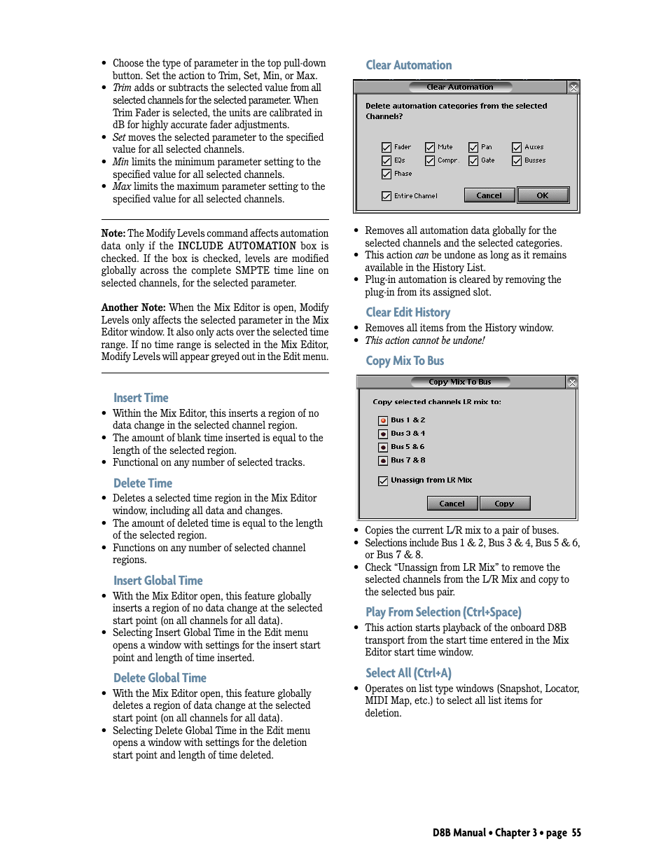 Insert time, Delete time, Insert global time | Delete global time, Clear automation, Clear edit history, Copy mix to bus, Play from selection (ctrl+space), Select all (ctrl+a) | MACKIE Digital 8Bus D8B v5.1 User Manual | Page 61 / 198