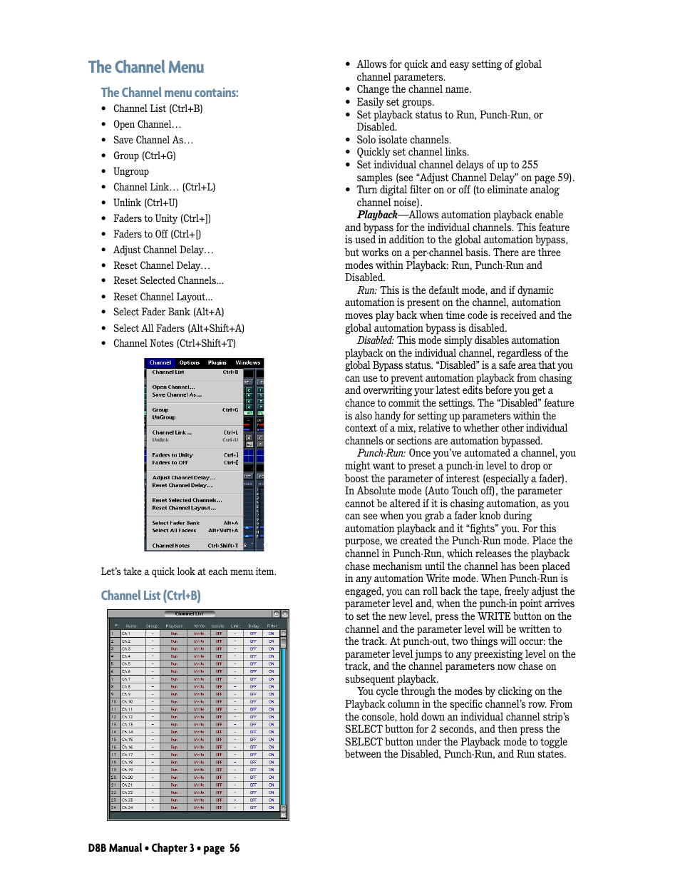 The channel menu, The channel menu contains, Channel list (ctrl+b) | MACKIE Digital 8Bus D8B v5.1 User Manual | Page 62 / 198