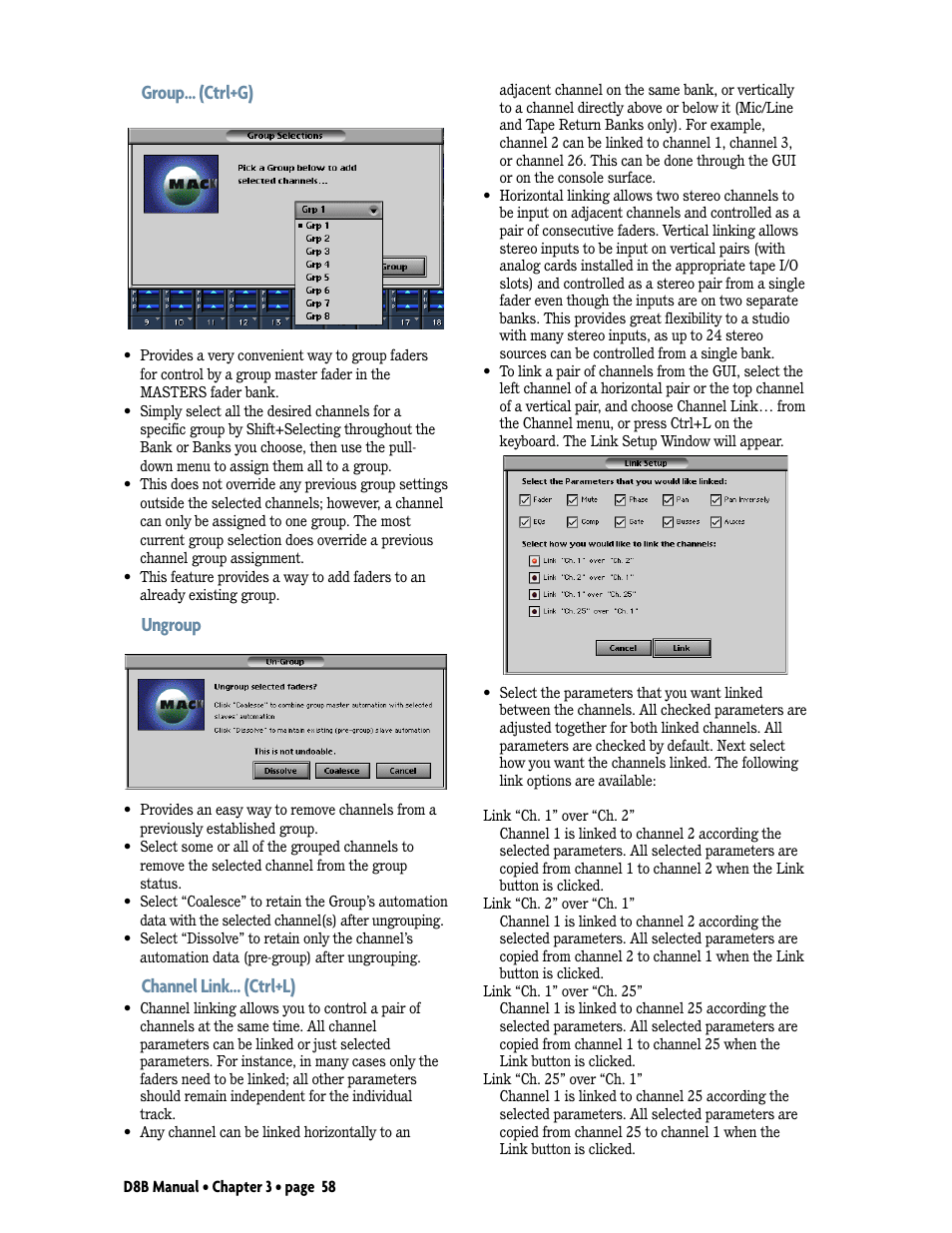 Group… (ctrl+g), Ungroup, Channel link… (ctrl+l) | MACKIE Digital 8Bus D8B v5.1 User Manual | Page 64 / 198