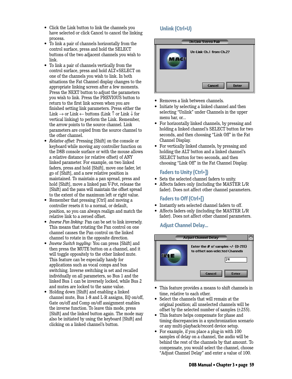 Unlink (ctrl+u), Faders to unity (ctrl+]), Faders to off (ctrl+[) | Adjust channel delay | MACKIE Digital 8Bus D8B v5.1 User Manual | Page 65 / 198