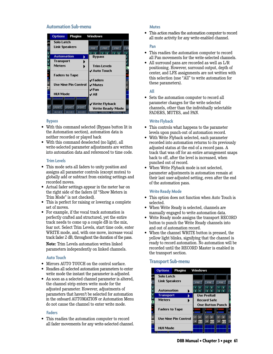 Automation sub-menu transport sub-menu, Automation sub-menu, Transport sub-menu | MACKIE Digital 8Bus D8B v5.1 User Manual | Page 67 / 198