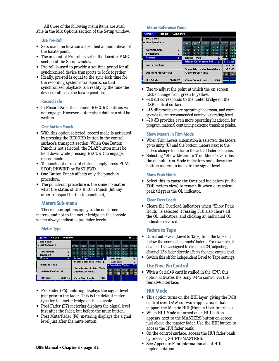 Meters sub-menu, Faders to tape, Use nine pin control | Hui mode | MACKIE Digital 8Bus D8B v5.1 User Manual | Page 68 / 198