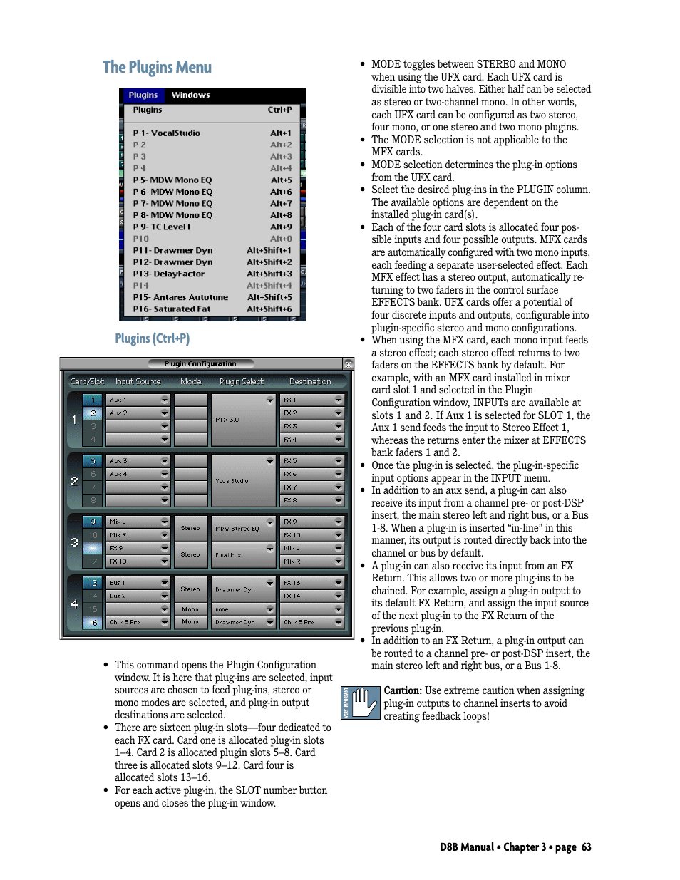 The plugins menu, Plugins (ctrl+p) | MACKIE Digital 8Bus D8B v5.1 User Manual | Page 69 / 198