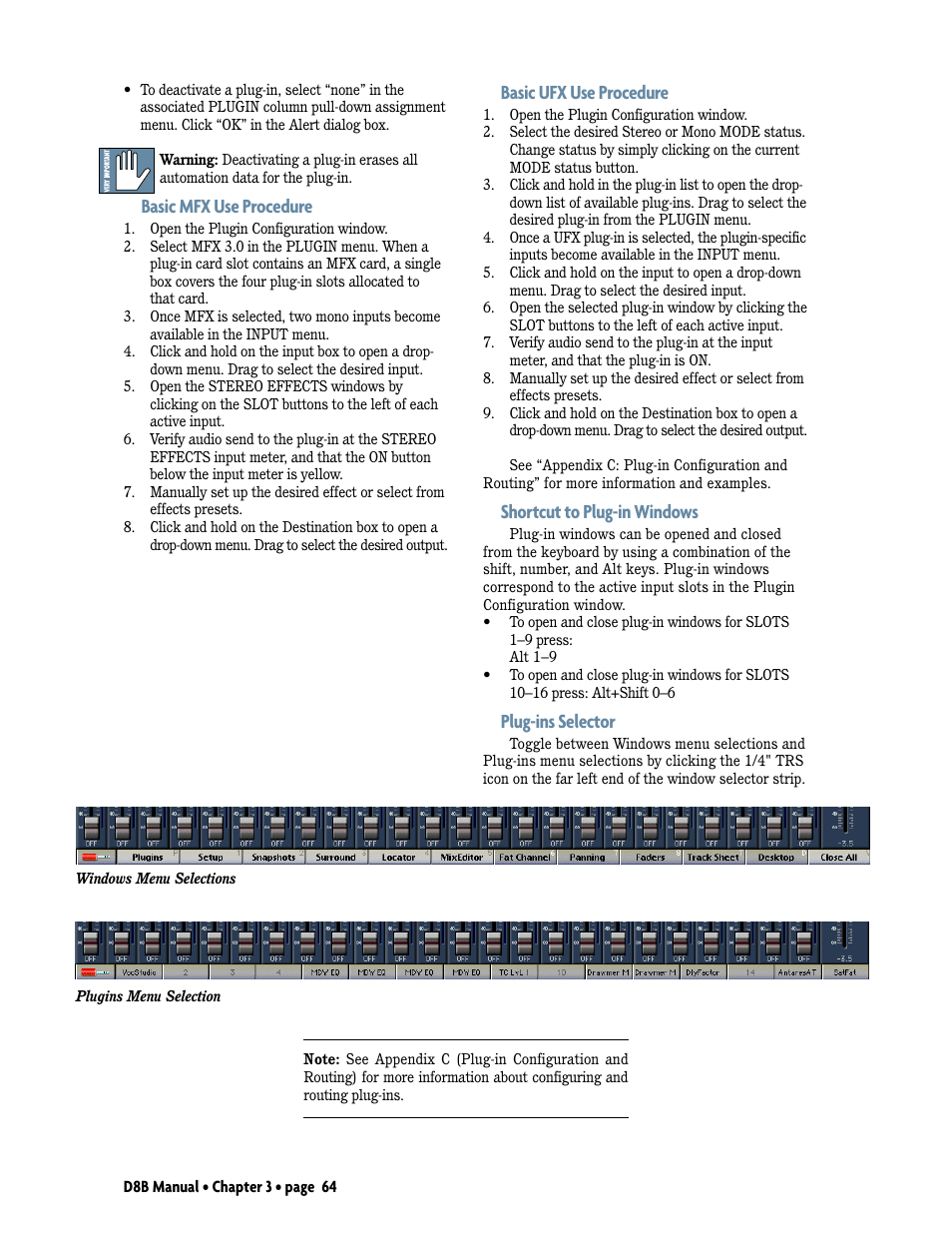 Basic mfx use procedure, Basic ufx use procedure, Shortcut to plug-in windows | Plug-ins selector | MACKIE Digital 8Bus D8B v5.1 User Manual | Page 70 / 198