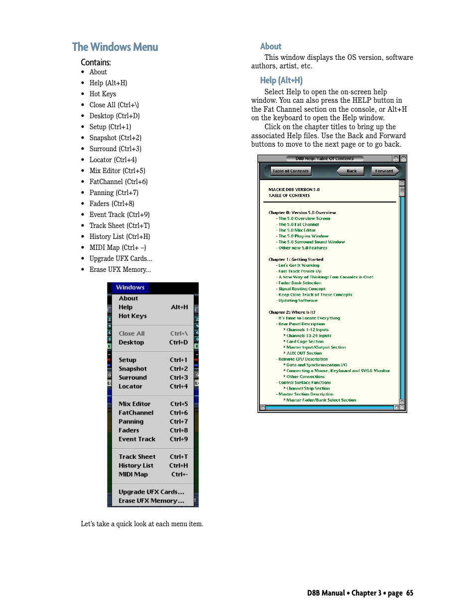 The windows menu, Contains, About | Help (alt+h) | MACKIE Digital 8Bus D8B v5.1 User Manual | Page 71 / 198