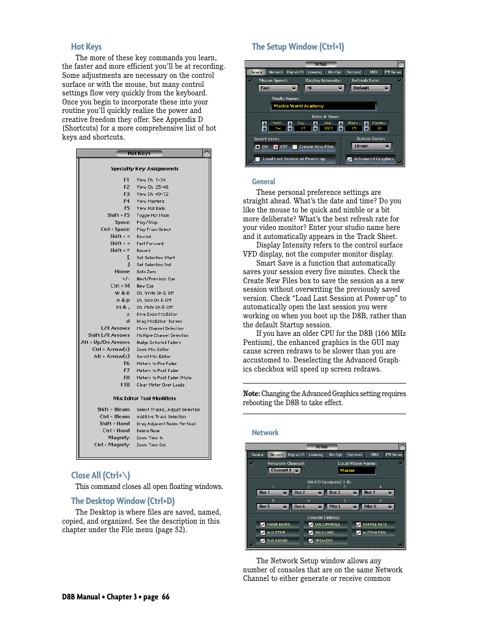 The desktop window (ctrl+d), The setup window (ctrl+1), General network | Hot keys, Close all (ctrl+\) | MACKIE Digital 8Bus D8B v5.1 User Manual | Page 72 / 198