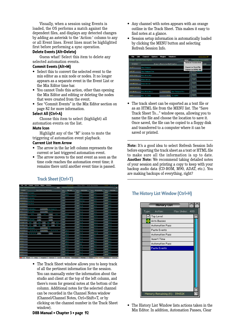 Track sheet (ctrl+t), The history list window (ctrl+h) | MACKIE Digital 8Bus D8B v5.1 User Manual | Page 98 / 198