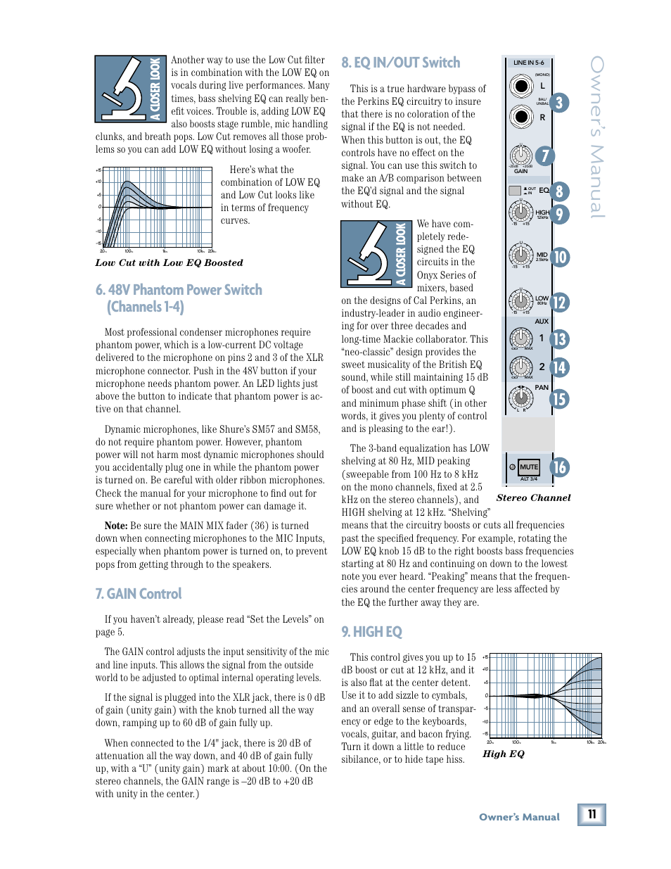 48v phantom power switch (channels 1-4), Gain control, Eq in/out switch | High eq, Owner ’s manual, Owner’s manual | MACKIE Onyx 1220 User Manual | Page 11 / 32